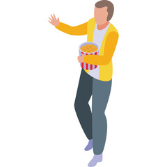 Person holding a bucket of popcorn in an isometric view against a transparent white background with a yellow cardigan and grey pants