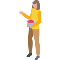 Person Holding A Bucket Of Red Paint In Yellow Top And Brown Pants With Transparent Background Isolated