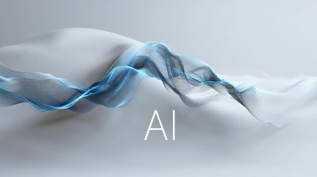 Abstract ai design featuring flowing blue lines and soft white background with text overlay