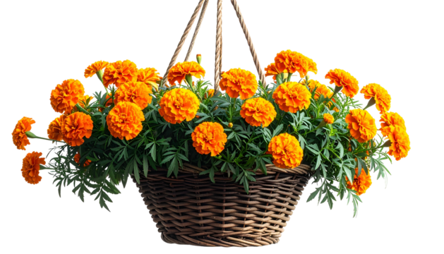 Hanging wicker basket overflowing with vibrant orange marigold flowers and lush green foliage
