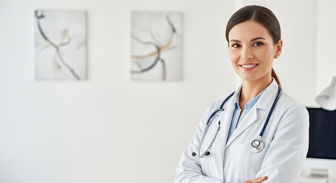 A smiling female doctor standing in a modern office with a stethoscope around her neck.