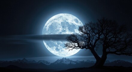 Fototapeta premium A full moon rising behind a tree with mountains in the background.