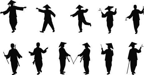 Traditional Asian silhouettes, conical hat figures, cultural dance artwork, martial arts poses, heritage illustration, festival celebration icons, oriental tradition design, culture