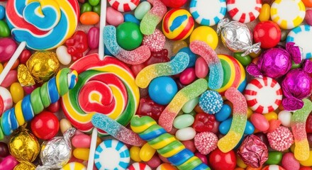 A colorful assortment of candies and lollipops with a mix of bright and pastel colors.