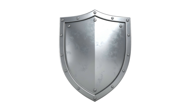 A shiny metal shield, slightly weathered with rivets, presented against a stark black background