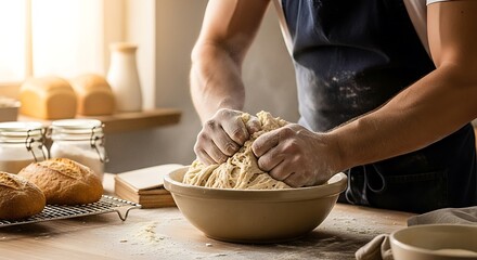 Baker kneading dough in kitchen.