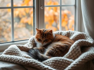 Cozy Autumn Retreat: Cat Snuggled by the Window