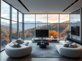 Luxury Living Room with Autumn Mountain View