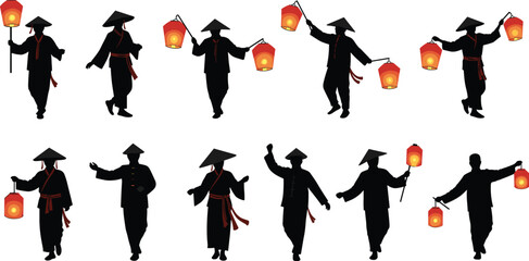 Traditional lantern silhouettes, Asian festival artwork, cultural heritage illustration, glowing red lanterns, ceremonial dance figures, festive night celebration, heritage icons, tradition