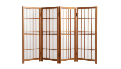 A four-panel room divider, crafted from light-colored wood, featuring white paper inserts