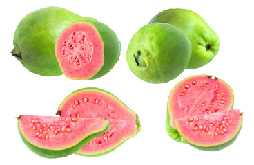 studio photograph of several ripe green guavas, including a cross section revealing the pink flesh and seeds, isolated on black.