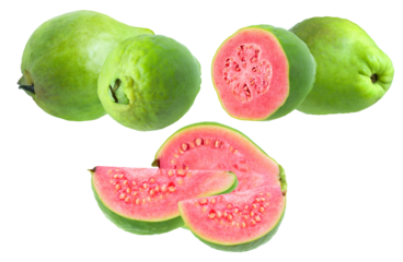 artistic arrangement of fresh, ripe tropical guavas, including whole fruits and several thick slices exposing the vivid pink interior, isolated on black.