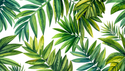Watercolor illustration of vibrant green and yellow tropical palm leaves against a black background