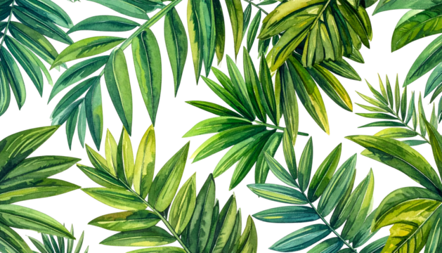 Watercolor illustration of vibrant green and yellow tropical palm leaves against a black background - Powered by Adobe
