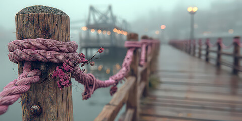 Fototapeta premium Foggy Atmosphere on Wooden Bridge with Pink Rope and Moody Lighting