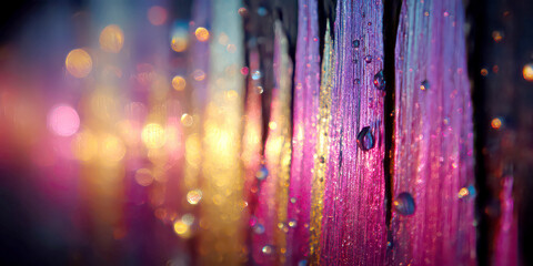 Abstract Close-up of Vibrant Pink and Gold Texture with Water Droplets and Bokeh