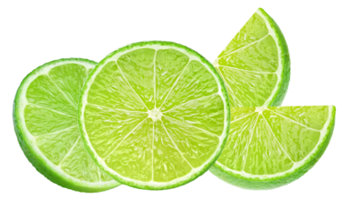 fresh lime slices photograph showing bright green citrus fruit cutouts, isolated on a clean transparent background, ready for use in beverages or recipes.