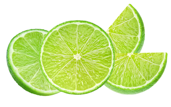 fresh lime slices photograph showing bright green citrus fruit cutouts, isolated on a clean transparent background, ready for use in beverages or recipes.