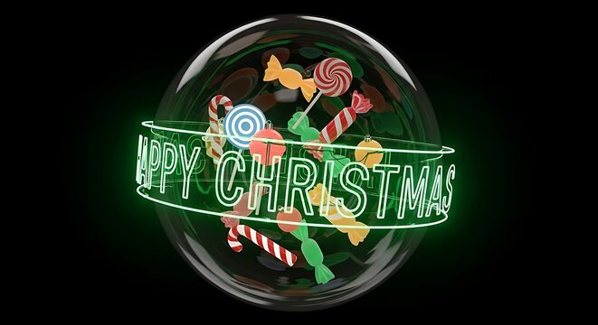 Happy christmas neon sign inside a glass ball with candy canes and sweets against a black background - Powered by Adobe