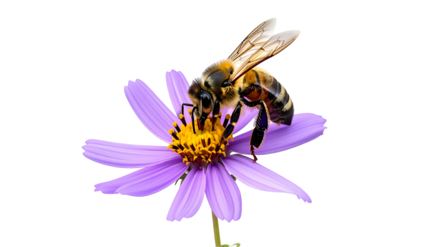 A bee gathers nectar from a purple flower, with yellow center. Isolated on black background