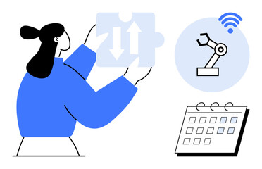 Woman connects puzzle piece, robotic arm with wireless indicator, and calendar, symbolizing innovation, automation, planning, problem-solving, technology industry 4.0 workflow improvement simple