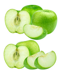 fresh and vibrant granny smith green apples isolated on a pure transparent background featuring whole fruit, precise halves, and delicious slices.