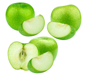 three crisp granny smith green apples isolated on a transparent background, featuring two whole fruits, a halved apple exposing the core, and a cleanly cut segment.