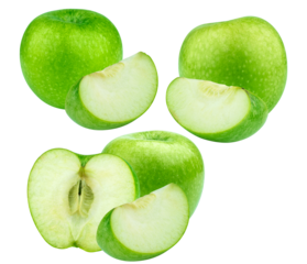 three crisp granny smith green apples isolated on a transparent background, featuring two whole fruits, a halved apple exposing the core, and a cleanly cut segment.
