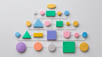 flowchart. Colorful flowchart with geometric shapes, illustrating business optimization on a light grey background. pitch deck slides.