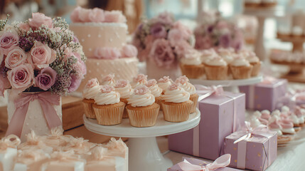  A bridal shower party with pastel decorations, cupcakes and gifts 