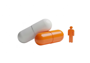 3d illustration of person standing next to large pills isolated on transparent background