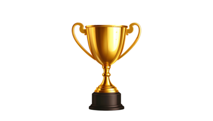 A shiny golden cup with two handles, on a black base against a black background