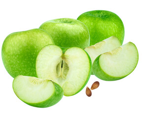 fresh arrangement of green granny smith apples isolated on black, featuring three whole fruits, a half cross section, multiple slices, and exposed seeds.