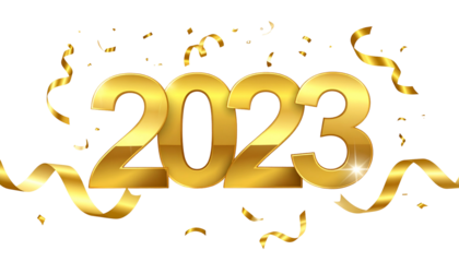 Golden "2023" against a black background with gold confetti and ribbons