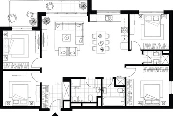 Detailed architectural floor plan drawing of a modern apartment layout with multiple rooms and furniture placement
