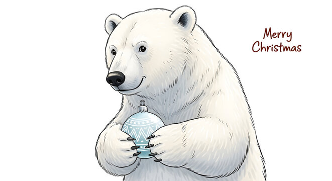 Charming polar bear wishes Merry Christmas while holding a festive ornament for your holiday designs