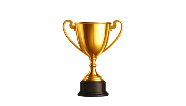 A shiny golden cup with two handles, on a black base against a black background