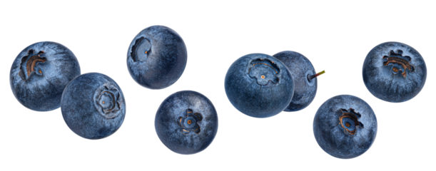 delicious, fresh, and perfectly ripe blueberries lined up horizontally, showcasing their appealing color and texture in a clean arrangement, isolated on black.