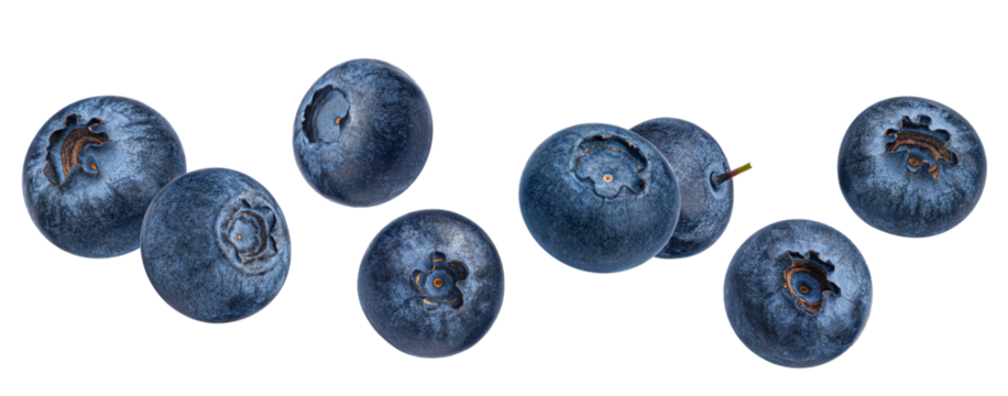 delicious, fresh, and perfectly ripe blueberries lined up horizontally, showcasing their appealing color and texture in a clean arrangement, isolated on black.