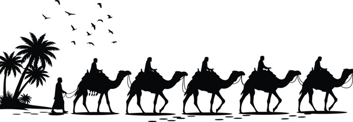 Silhouette of a caravan of camels with riders traveling through a desert landscape with palm trees under a clear sky