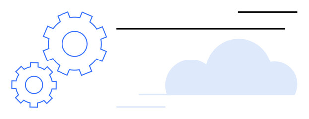 Two blue gears next to a cloud and minimal lines representing collaboration, technology, workflow, system automation, data synchronization, software integration, and innovative problem-solving. A