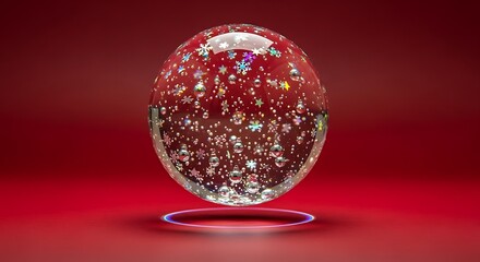 Festive snow globe with snowflakes and ornaments floating inside on a vibrant red gradient background