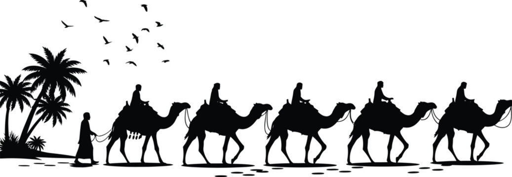 Silhouette of a caravan of camels with riders traveling through a desert landscape with palm trees under a clear sky