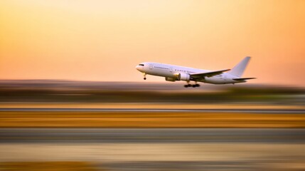 aerodynamics. Commercial airplane taking off with motion blur and golden sunset lighting. inspiring travel planning, mobility guides, designed for mobility and urban transit guides.