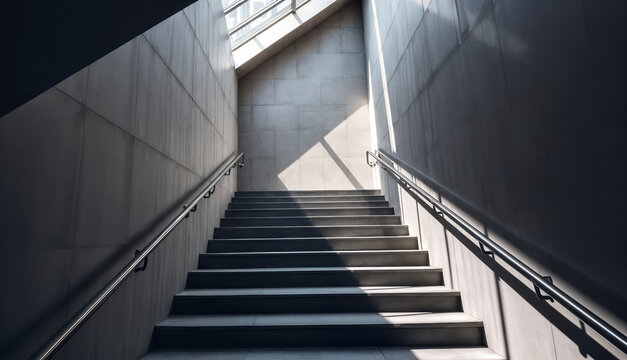 Concrete stairway with daylight and soft shadows, symbolizing ambition, progress, journey to success, modern architecture minimalism, and business growth direction concept