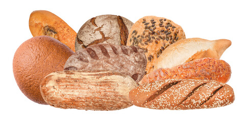 high quality photograph showcasing a dynamic grouping of various artisanal and rustic freshly baked bread types isolated on a pure transparent background.