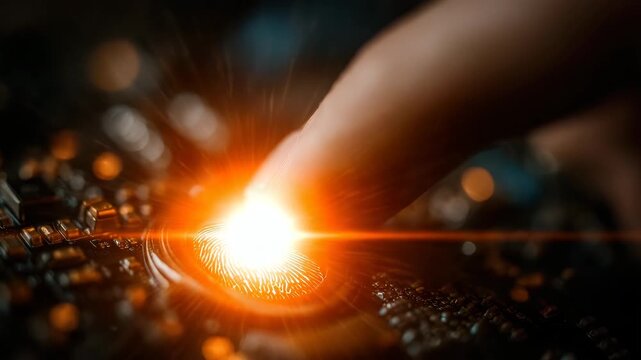 Fingerprint scan authenticates access to advanced digital security system with glowing biometric data integration