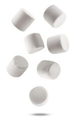 dynamic photograph showing a mix of cylindrical and cubic white sugary marshmallows rapidly falling or floating against a pure transparent background.