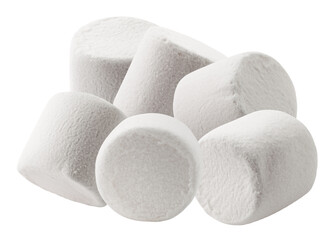 close-up studio photograph of a dense pile of irregularly shaped white marshmallows, resembling cylinders and cones, isolated on black.