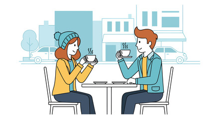 Young couple enjoys coffee at outdoor cafe in city, sharing a moment of connection and warmth on a cool day.